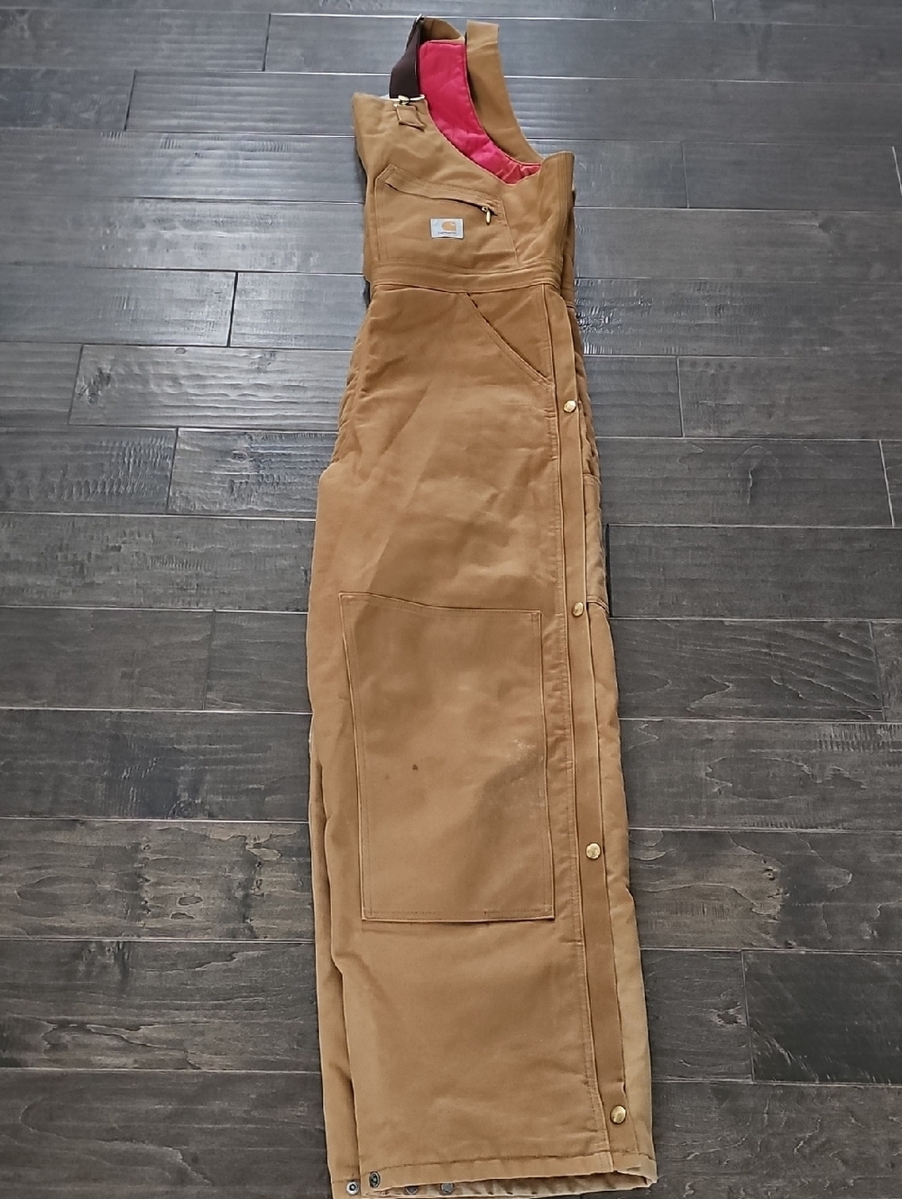 VINTAGE Beautiful Carhartt Brown Duck Bib Overalls with Red Lining Sz 40 X 30 - Picture 9 of 14